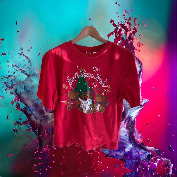 Jingle Bear Rock Red Graphic Christmas T-Shirt M 100% Cotton Festive Bear Design - Picture 1 of 9